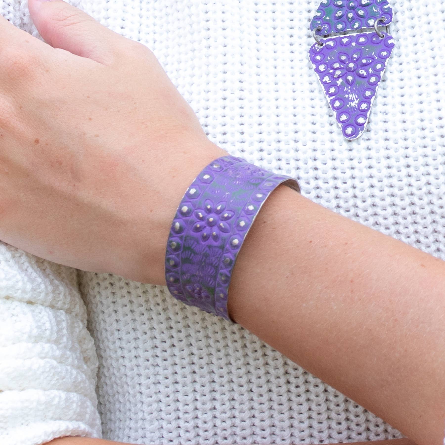 Silver Patina Bracelet - Purple Floral and Dots