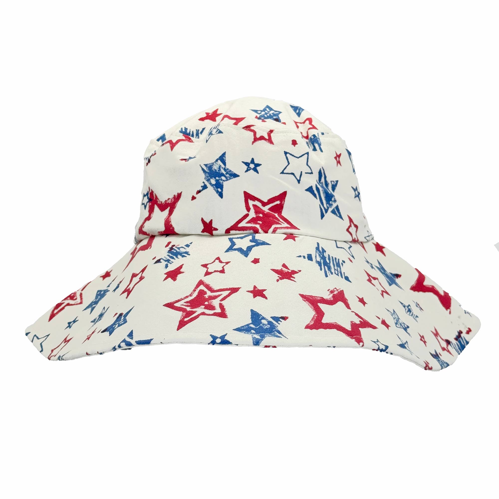 Block-Printed Canvas Red and Blue Stars Sun Hat