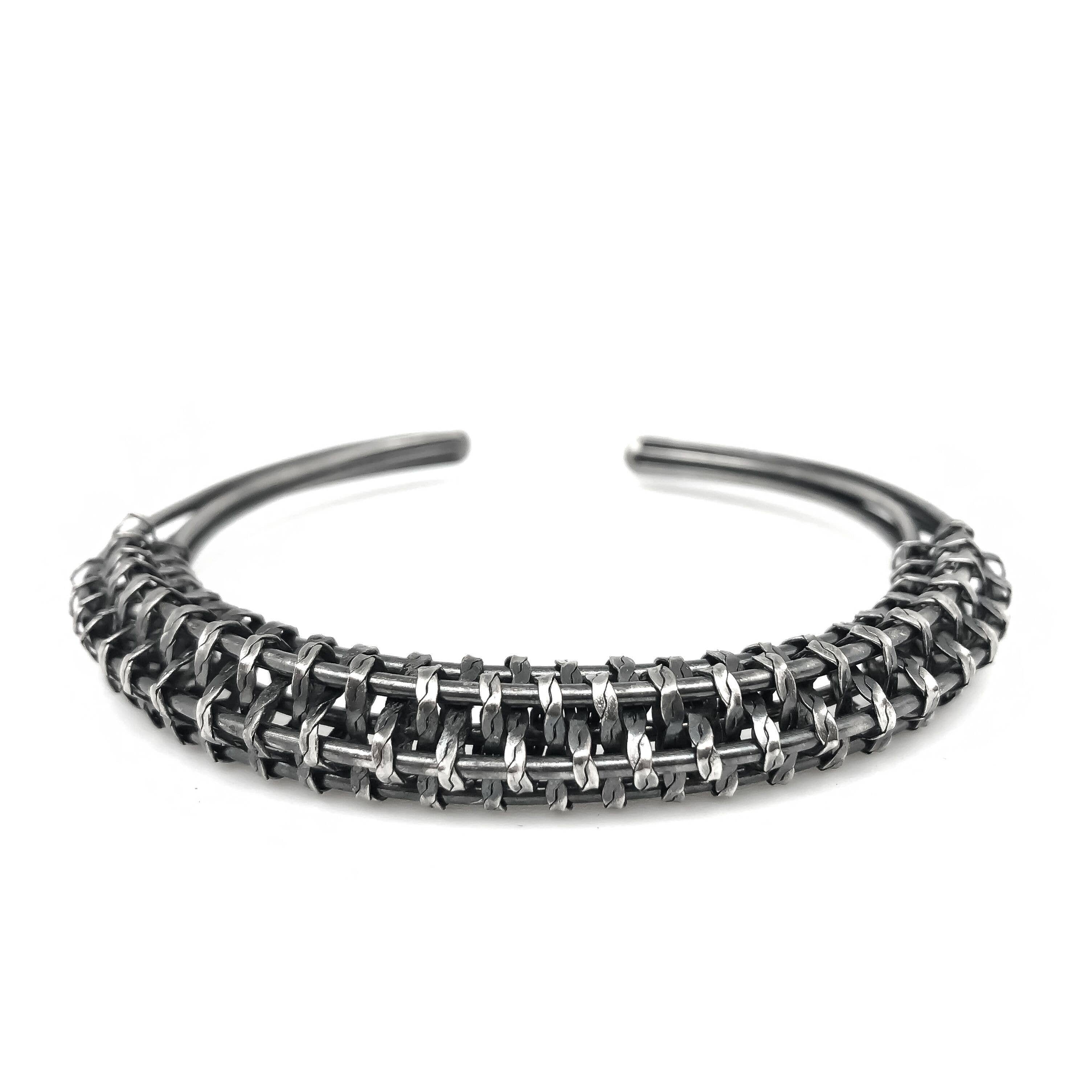Basketweave Antique Silver Braided Wire Rounded Cuff