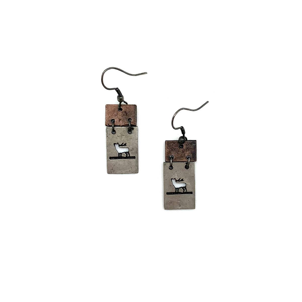 Pewter Earrings - Elk in Rectangle Looking Up