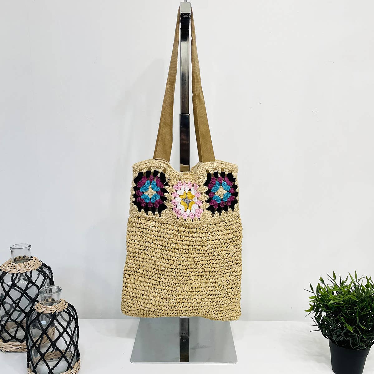 Nola Cotton Crochet and Raffia Shoulder Bags - Beige
