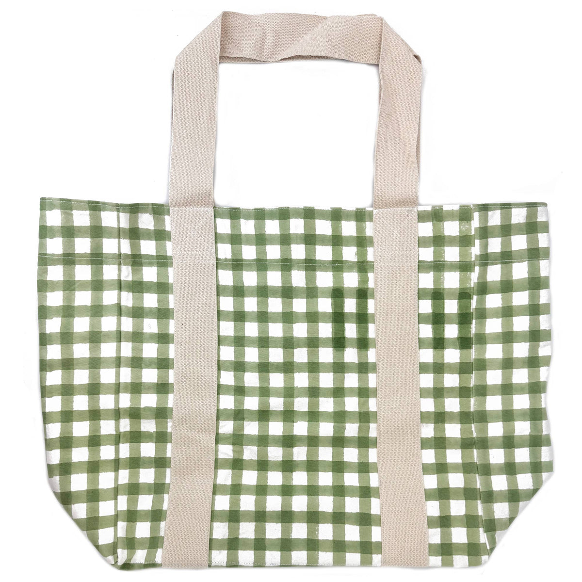 Block Printed Canvas Tote - Green Gingham