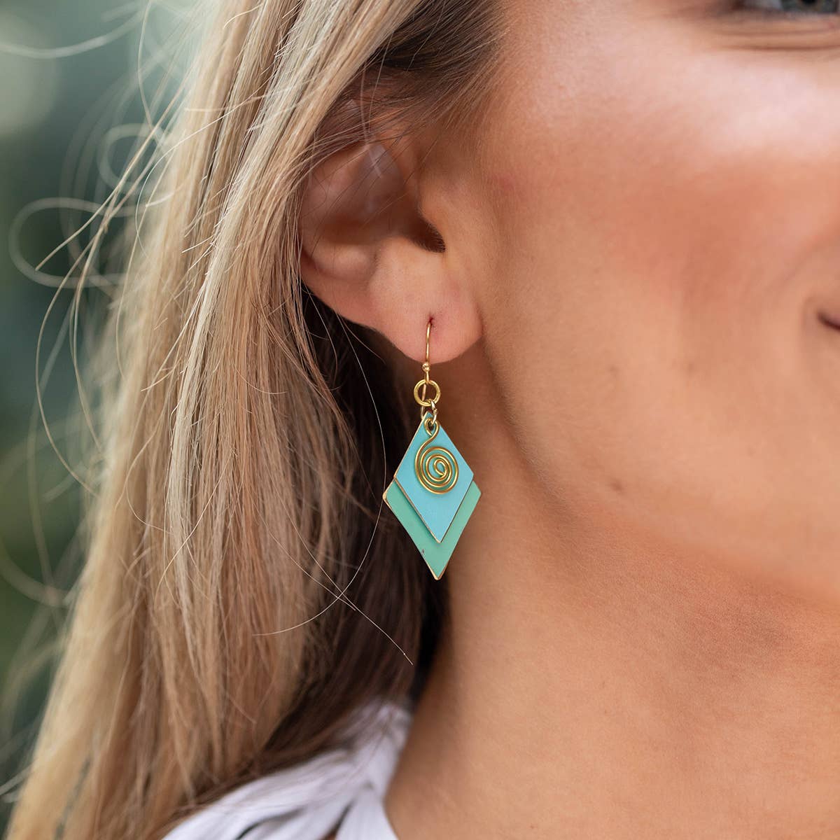 Brass Patina Earrings - Green and Blue Layered Diamonds