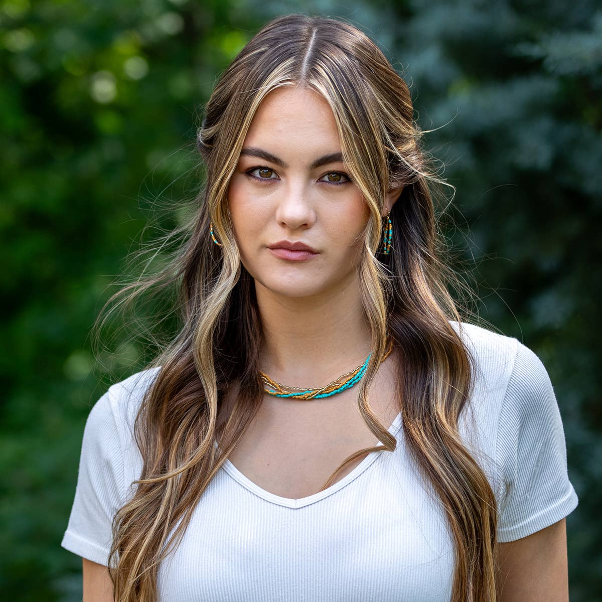 Seed Bead Multi-Strand Bib Necklace - Turquoise and Tan