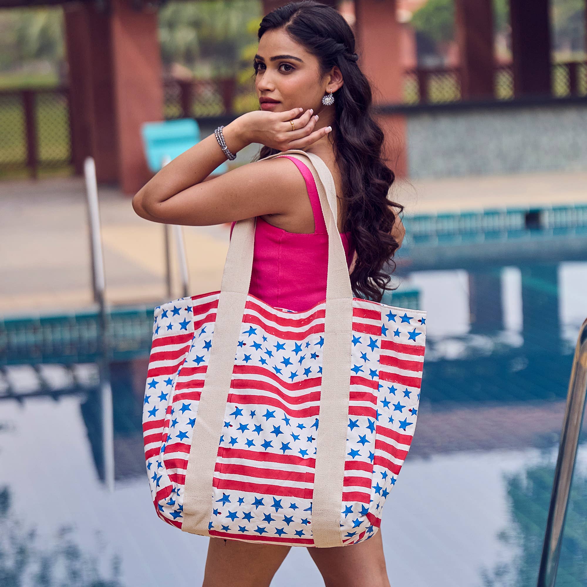 Block Printed Canvas Tote - Striped Stars