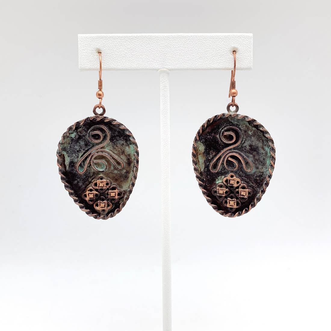 Copper Patina Earrings - Filigree And Curly Line in Teardrop