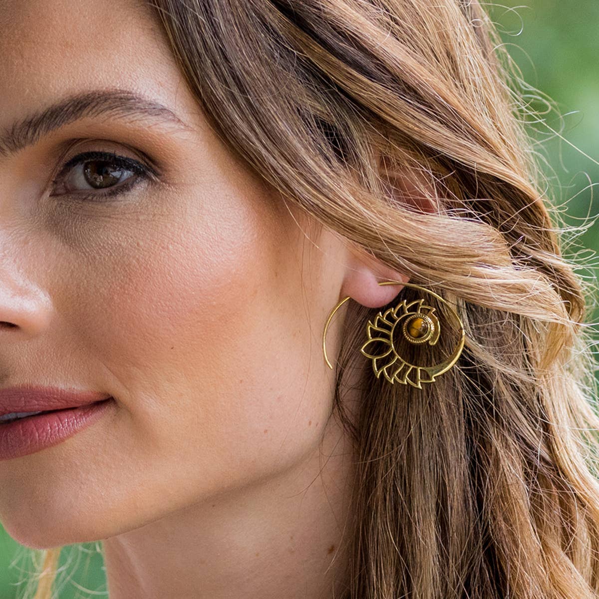 Tanvi Collection Earrings - Tigerseye Gold Lotus Open Hoop