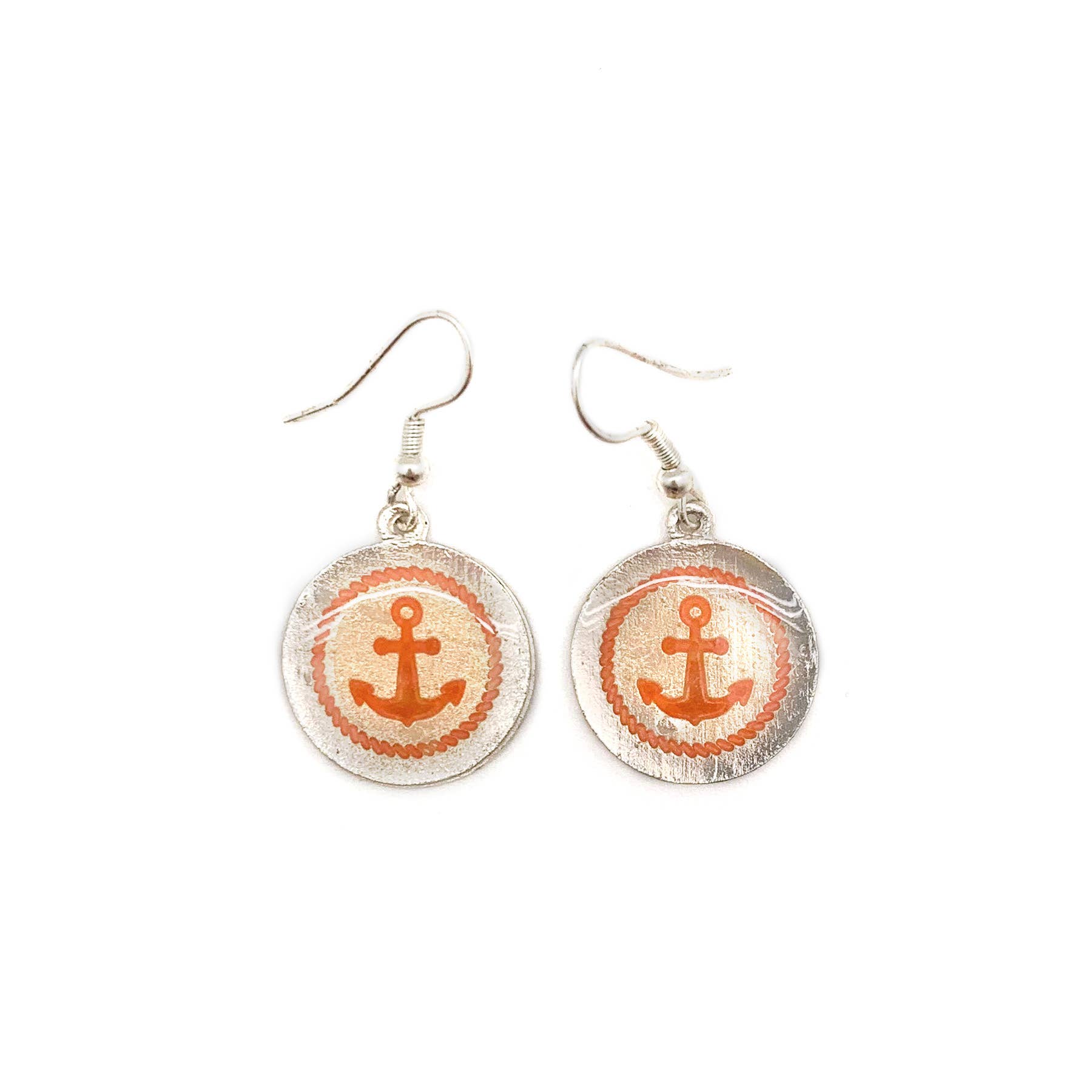 Pewter Earrings w Color Enamel - Coral/Pearl Anchor