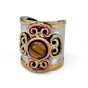 Mixed Metal Cuff Ring with Single Stone - Tiger-eye