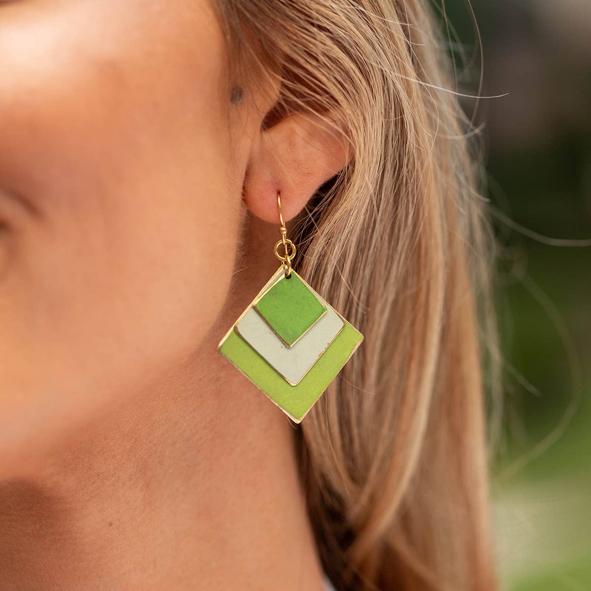 Brass Patina Earrings -  Green Meadow Layered Diamonds