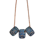 Copper Patina Necklace - Curly Lines Three Blue Rectangles
