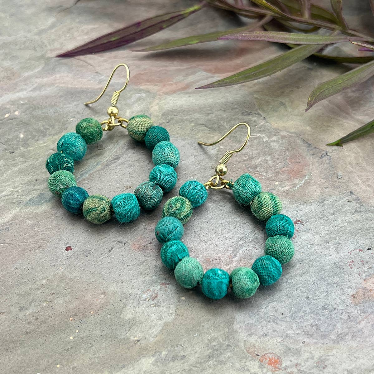 Aasha Seagrass Small Beaded Hoop Kantha handcrafted Earrings