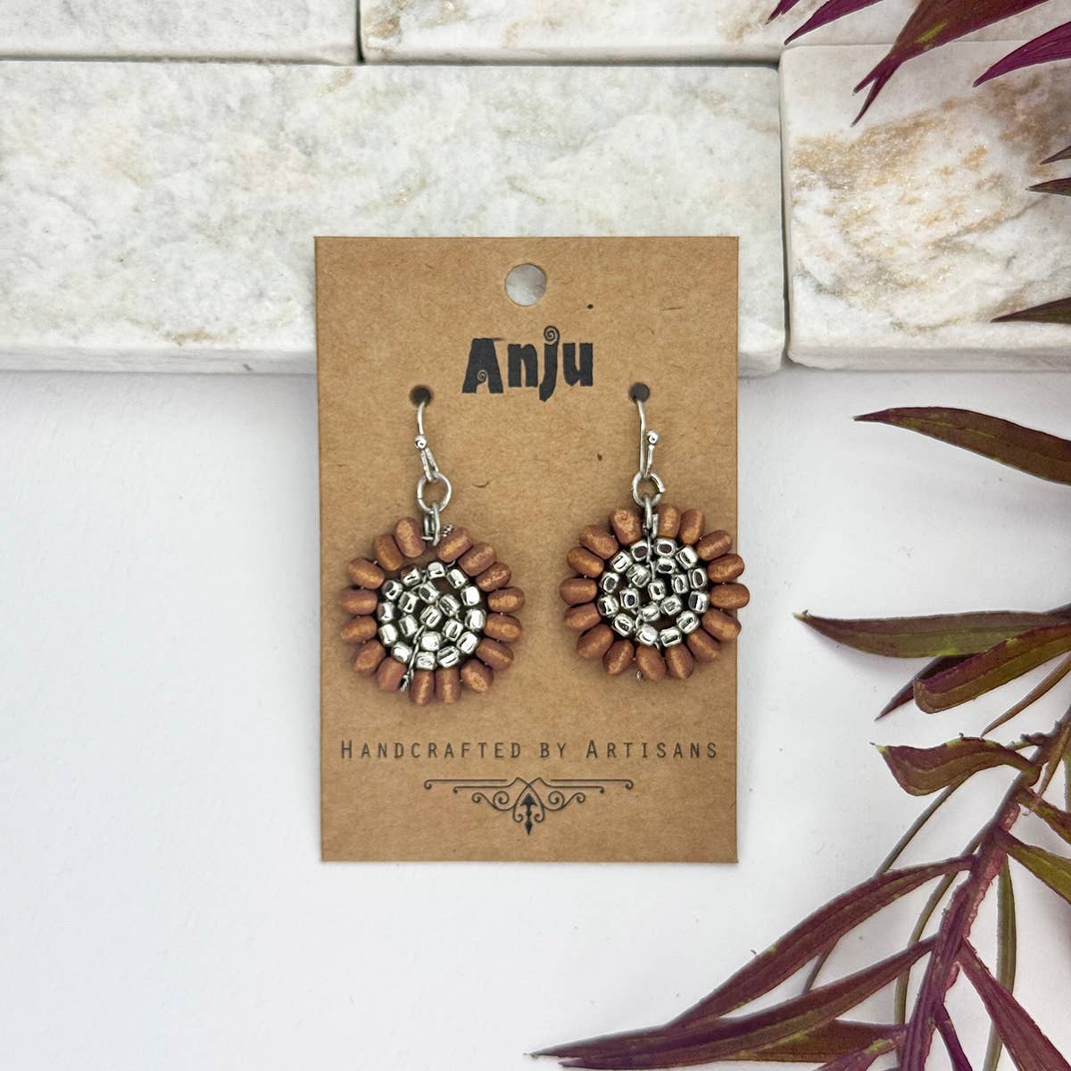 Sachi Wood Bead Flower Earrings - Brown