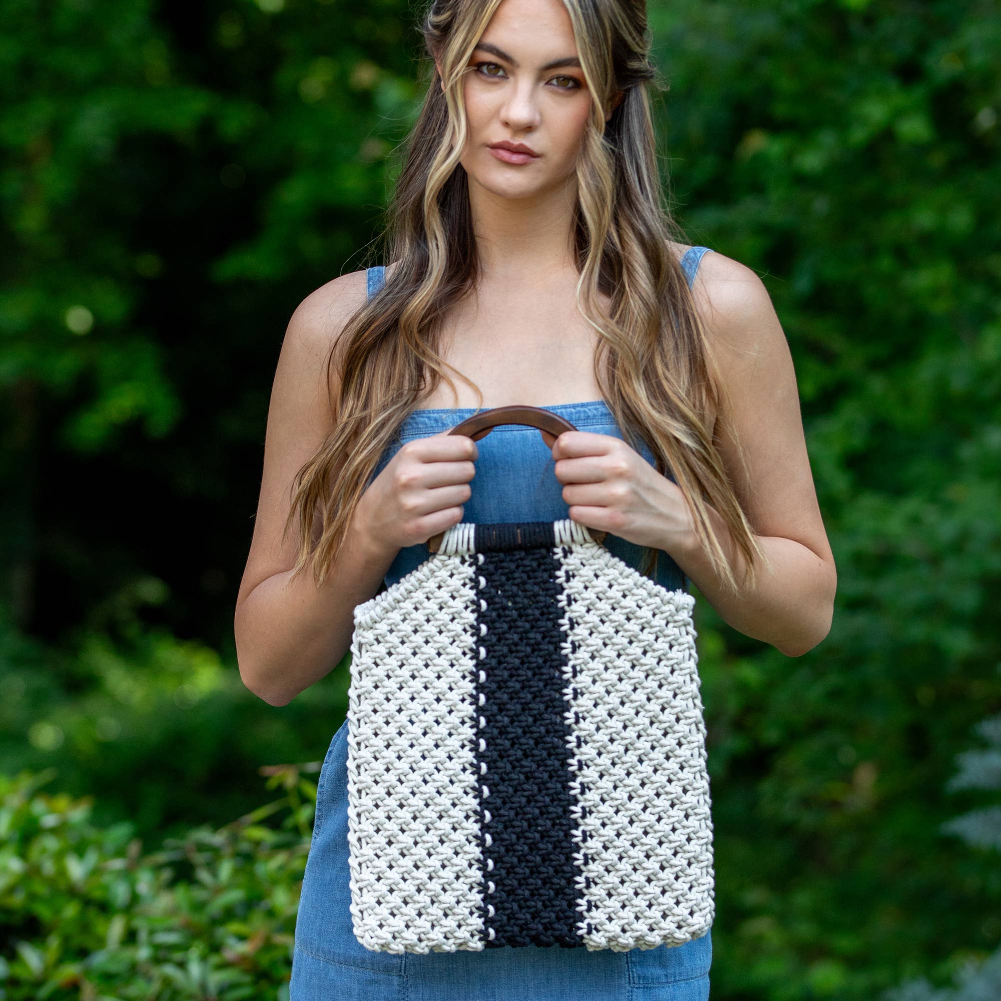 Bali Bag - Cotton Macrame Bag with White and Black Stripes