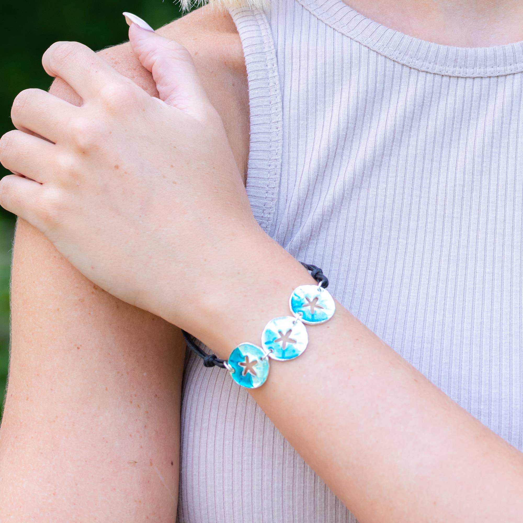 Pewter Bracelet with Color Enamel - Teal/Aqua Sand Dollar