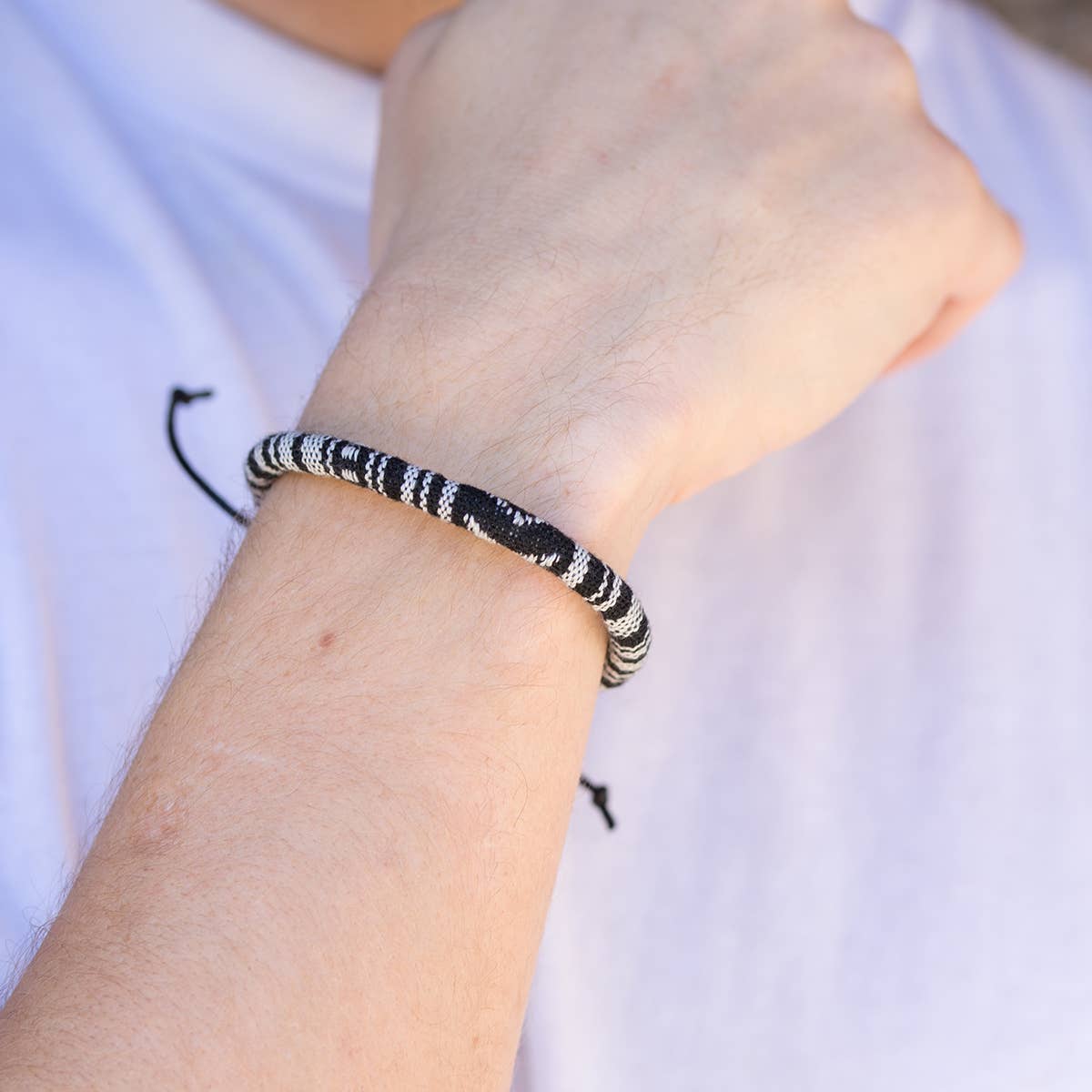 Aadi Black and White Woven Pull Tie Men's Bracelet