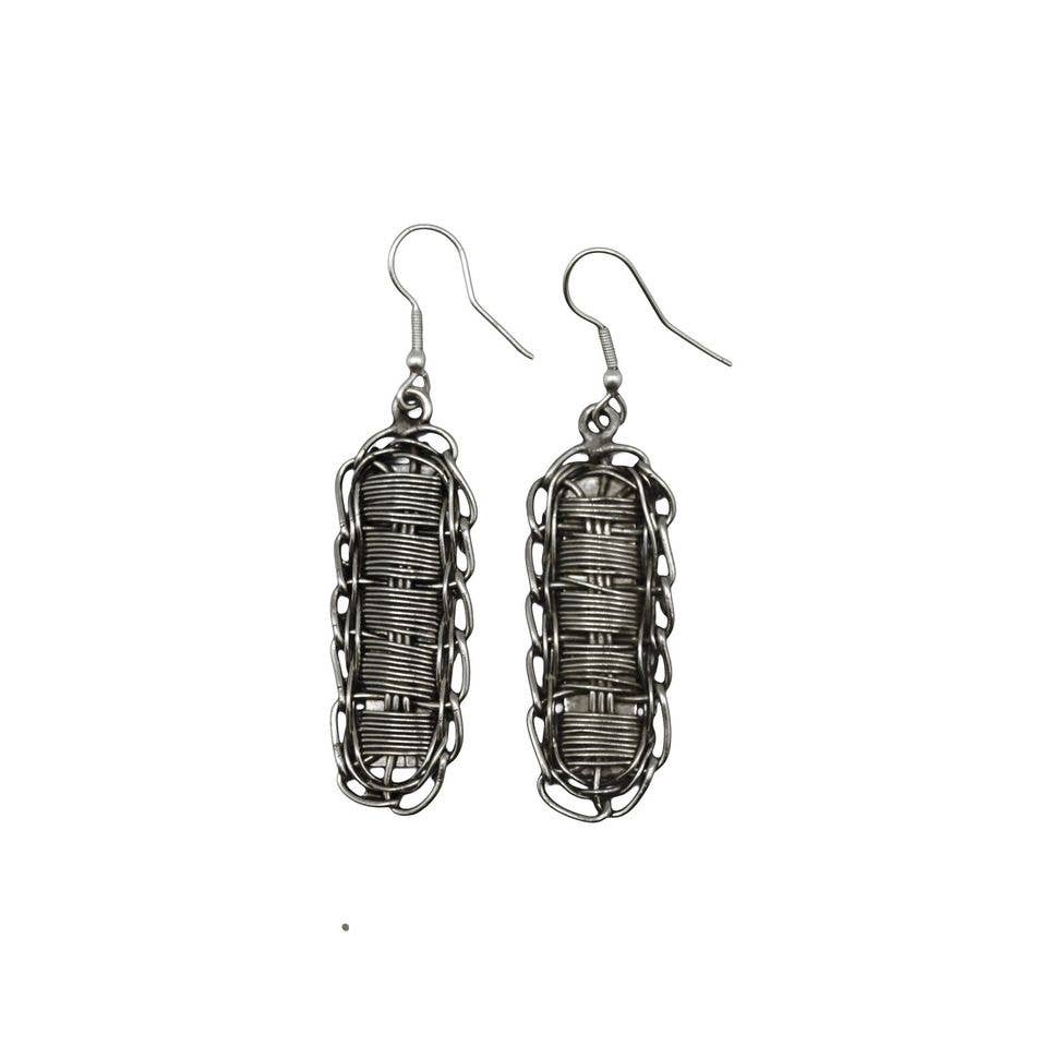 Basketweave Antique Silver Looping Wires Rectangle Earrings