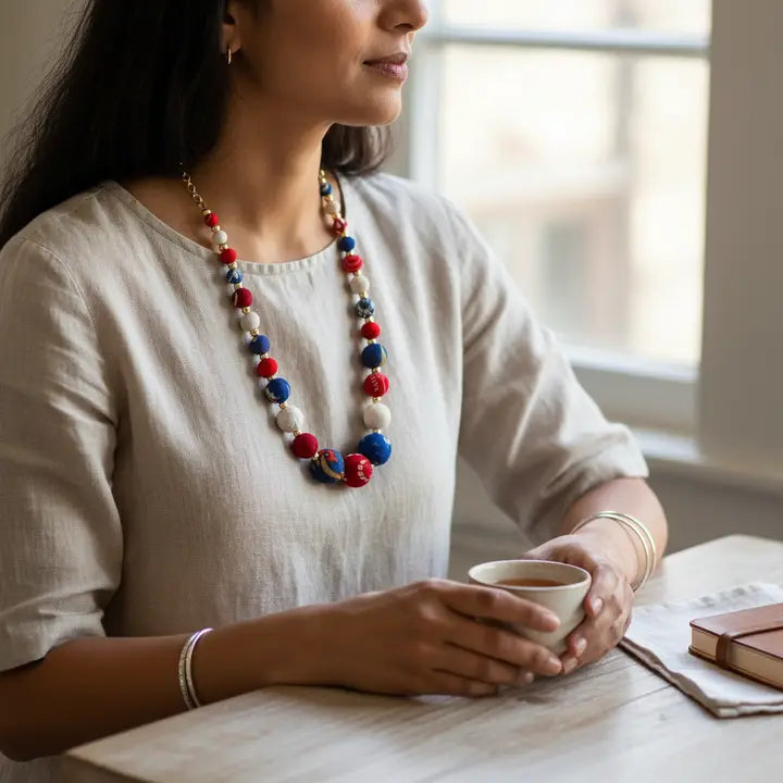 Aasha Cascade Patriotic Kantha & Handcrafted Necklace
