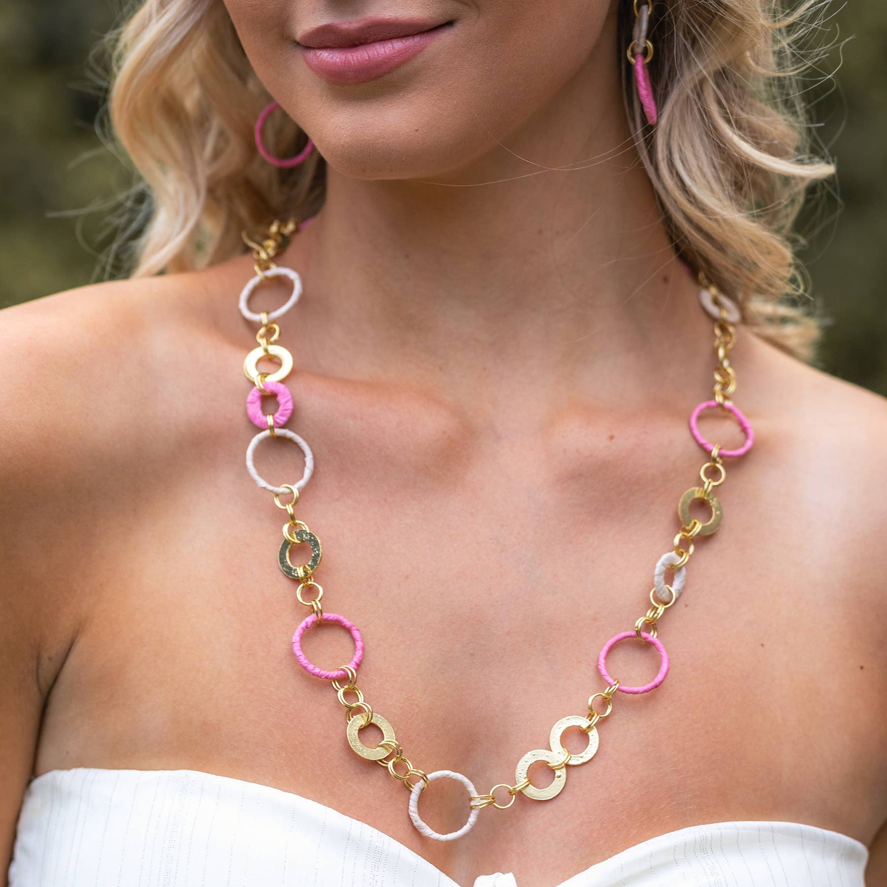 Sachi Raffia Rings Necklace - Pink Large and Small Rings