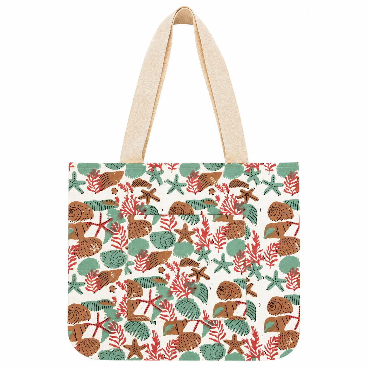 Handcrafted Block-Printed Canvas Pocket Tote Coral Reef