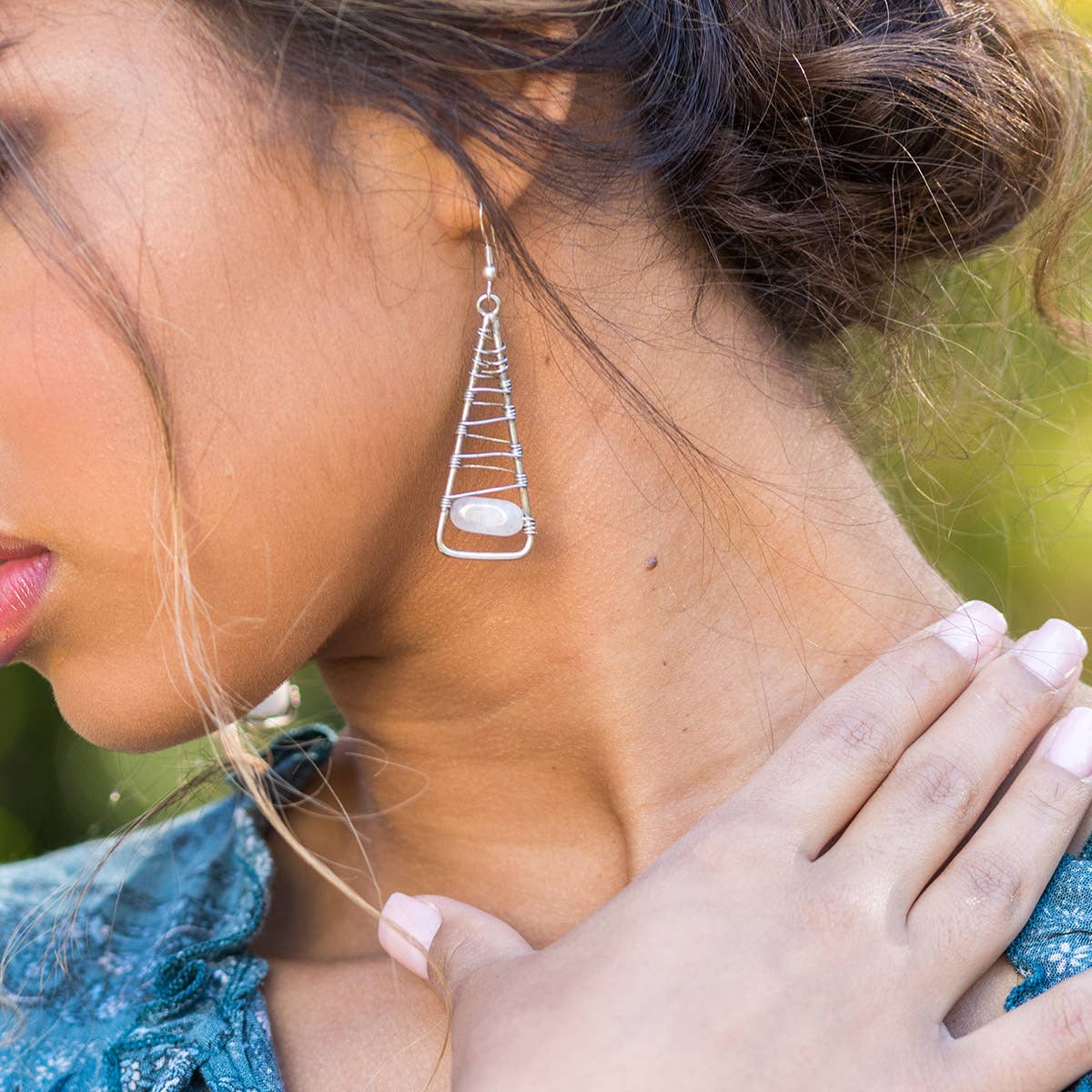 Wire-Wrapped Stone Earrings - Antique Silver, Rose Quartz