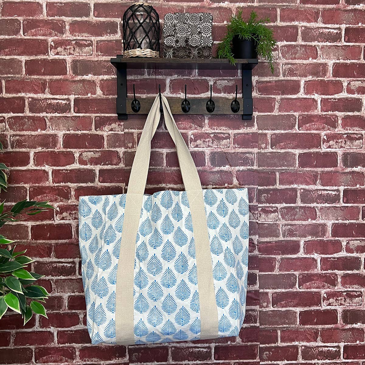 Handcrafted Canvas Bag with Block-Printed Sky Blue Leaves