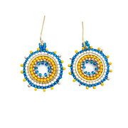 Seed Bead Mandala Hoop Earrings- Yellow and Blue