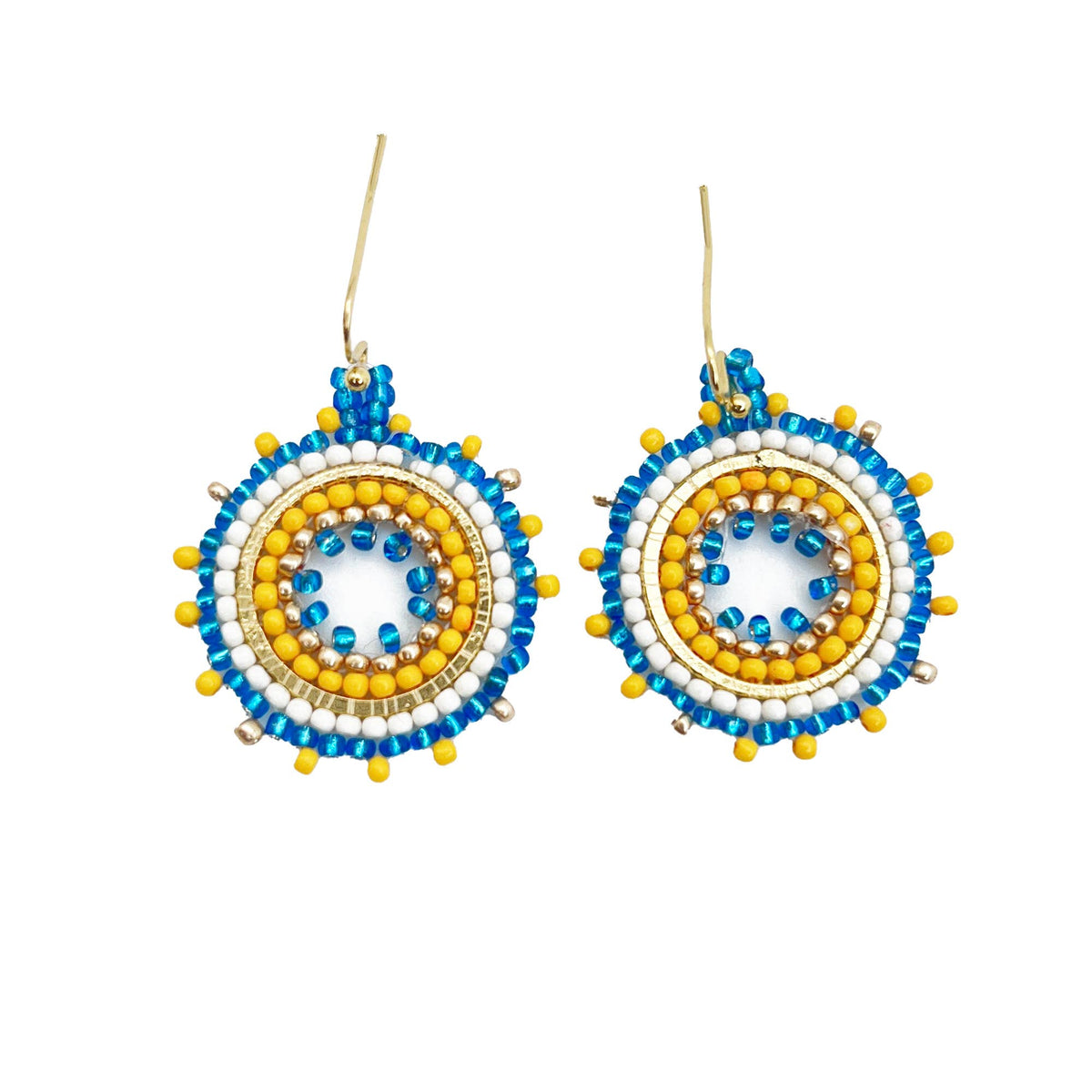 Seed Bead Mandala Hoop Earrings- Yellow and Blue