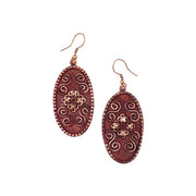 Copper Patina Earrings - Filigree with Spirals Burgundy Oval