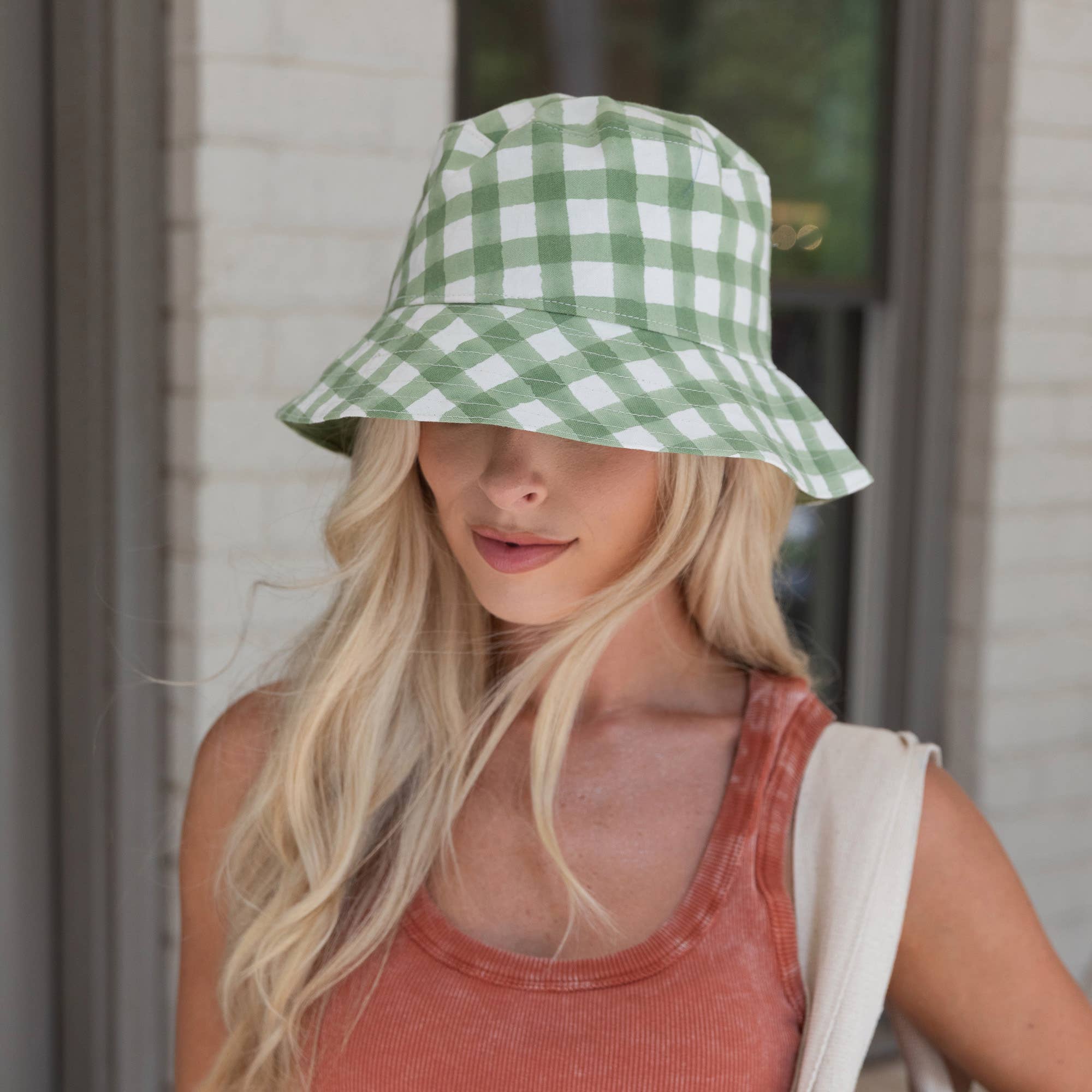 Block-Printed Canvas Green Gingham Bucket Hat