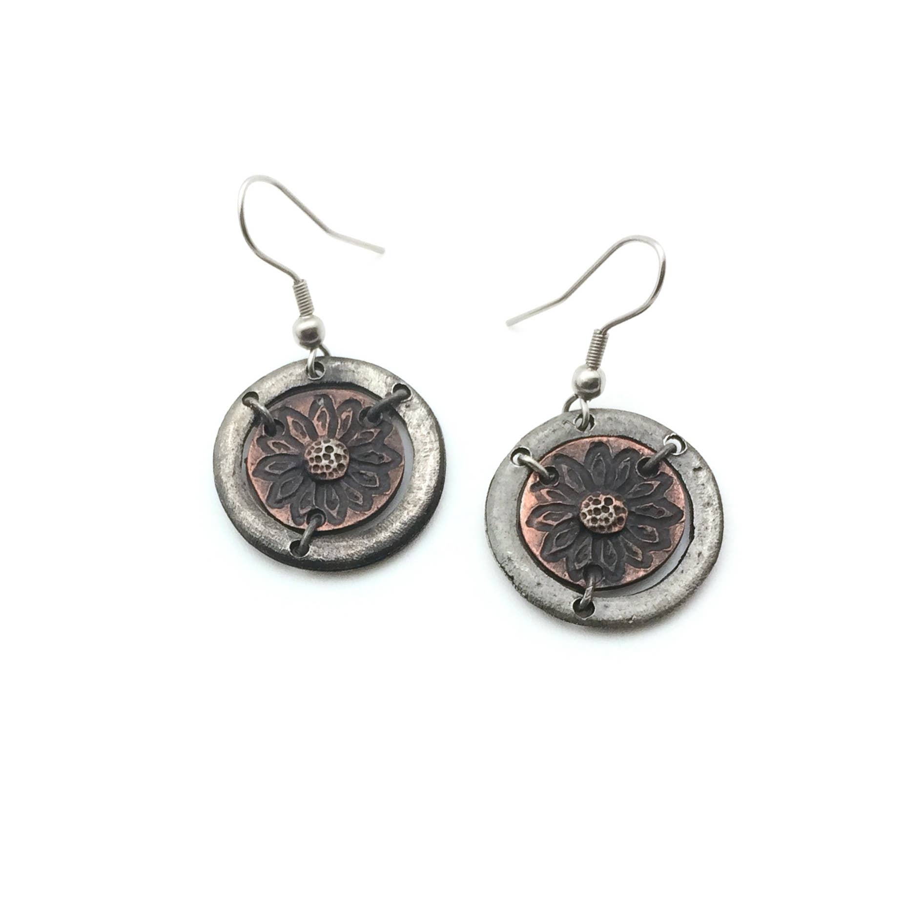 Pewter Earrings - Sunflower in Circle