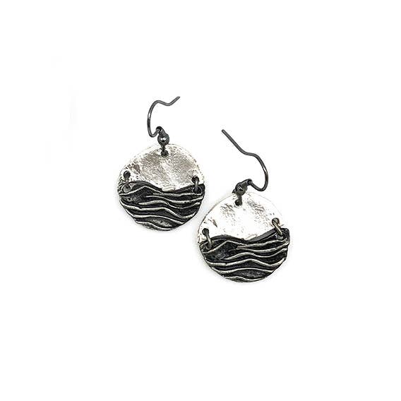 Pewter Earrings - Pieced Circles with Waves, Silver/Antique Silver