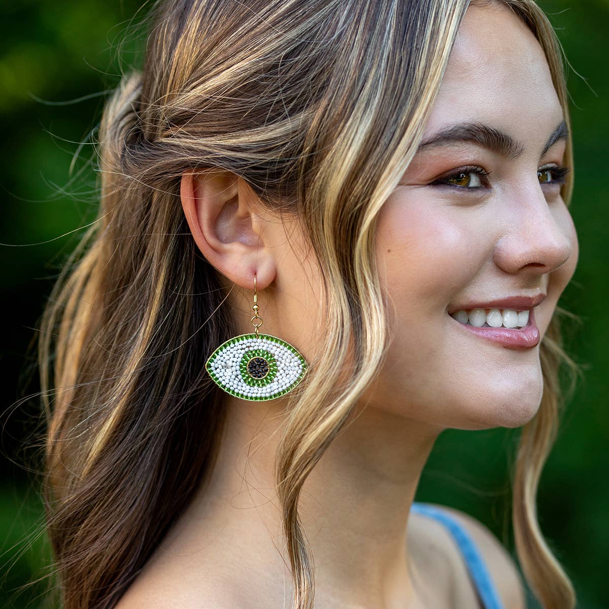 Seed Bead Evil Eye Earrings - Green