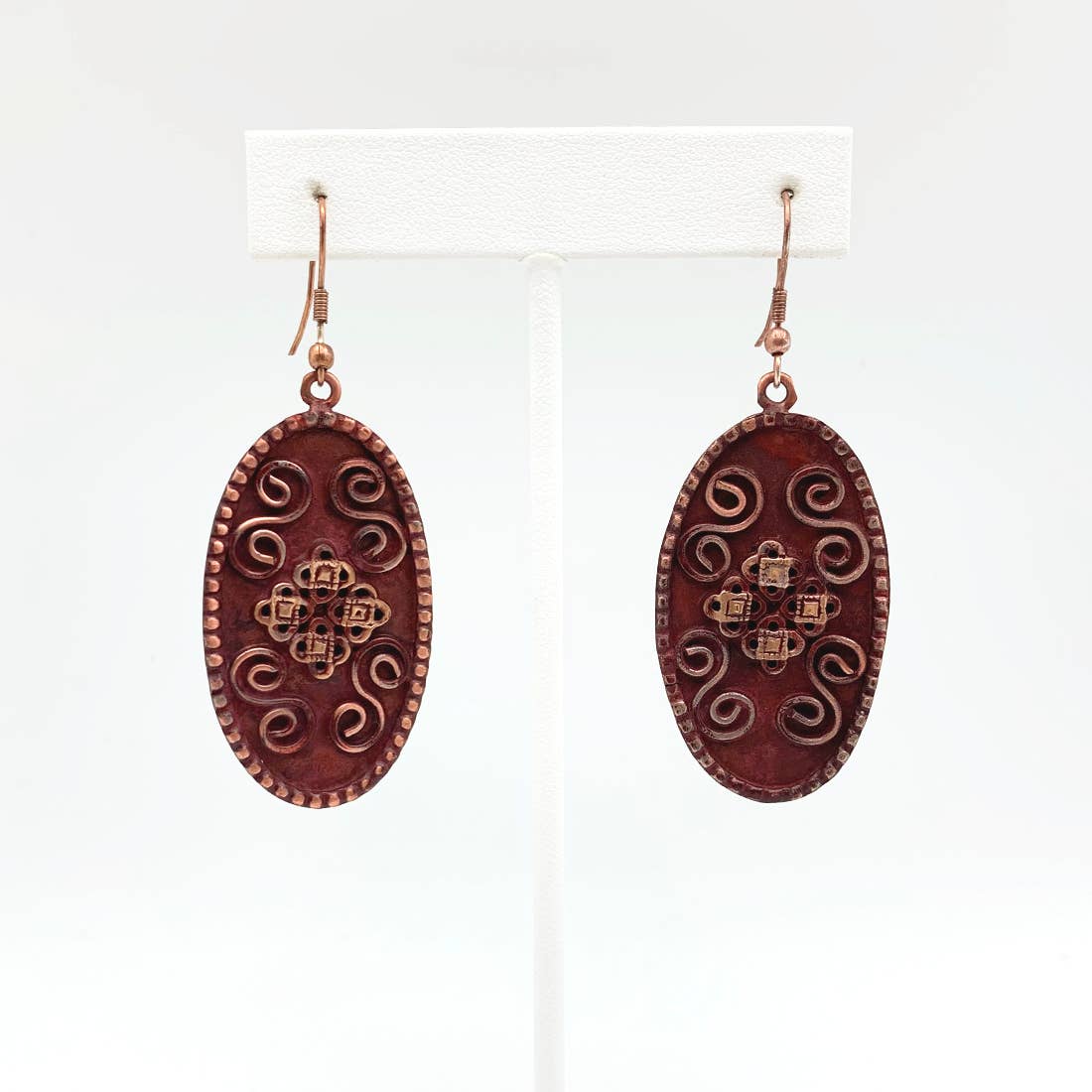 Copper Patina Earrings - Filigree with Spirals Burgundy Oval