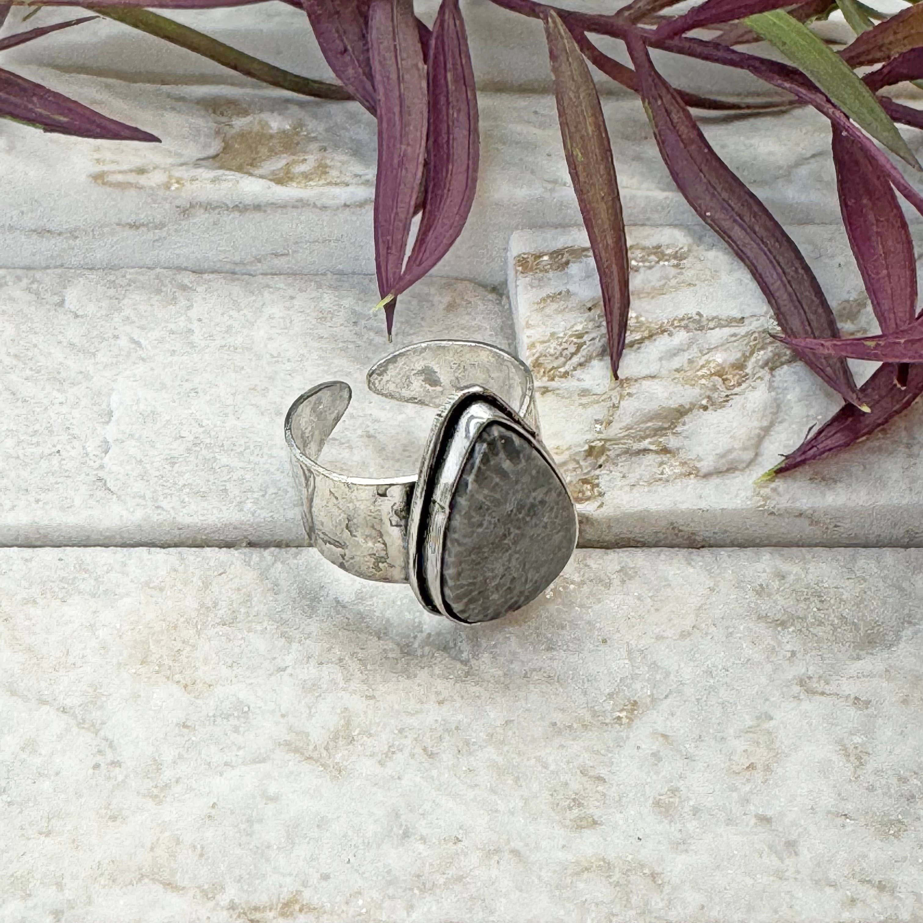 Handcrafted Semiprecious Stone Ring - Black Fossil Coral