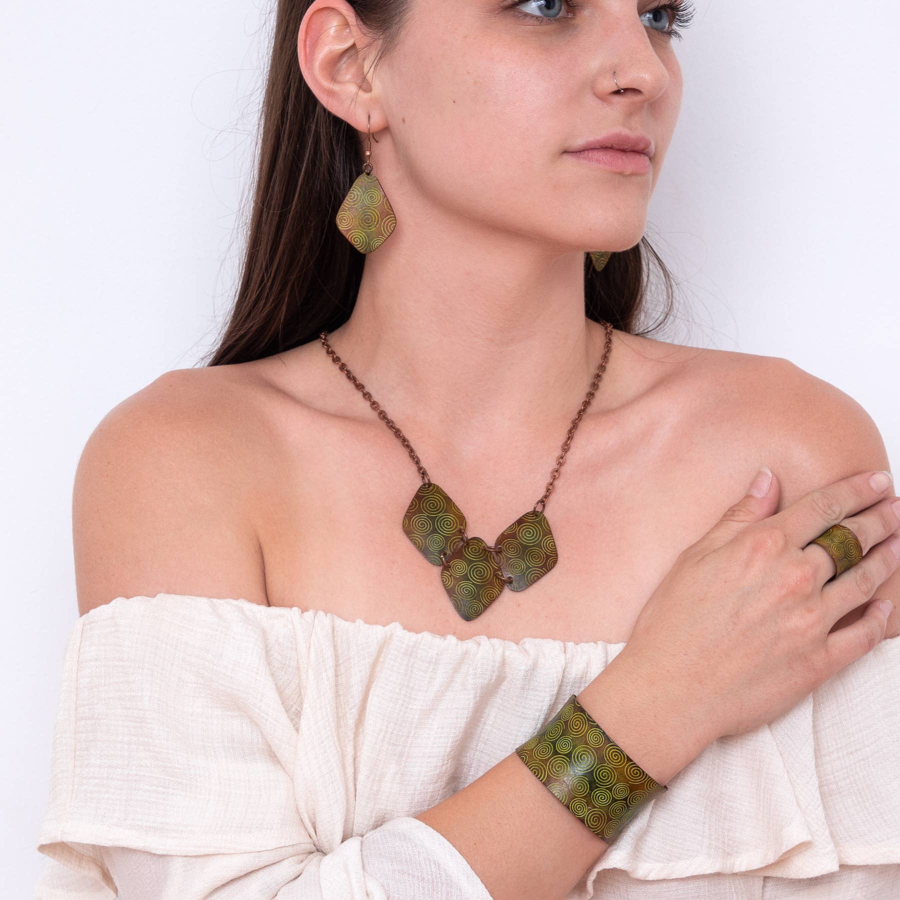 Copper Patina Necklace - Yellow Spirals