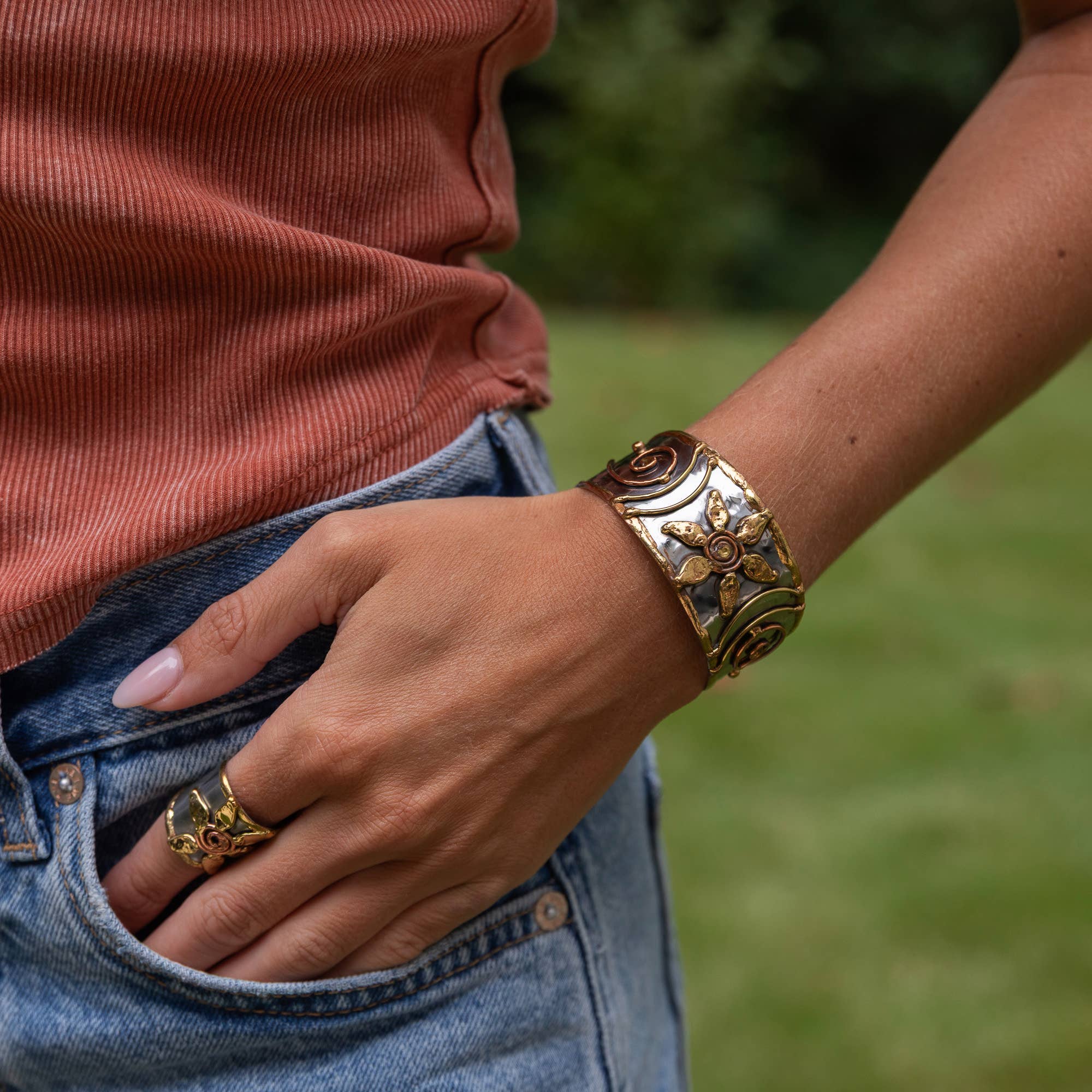 Handcrafted Mixed Metal Cuff - Flower Spiral