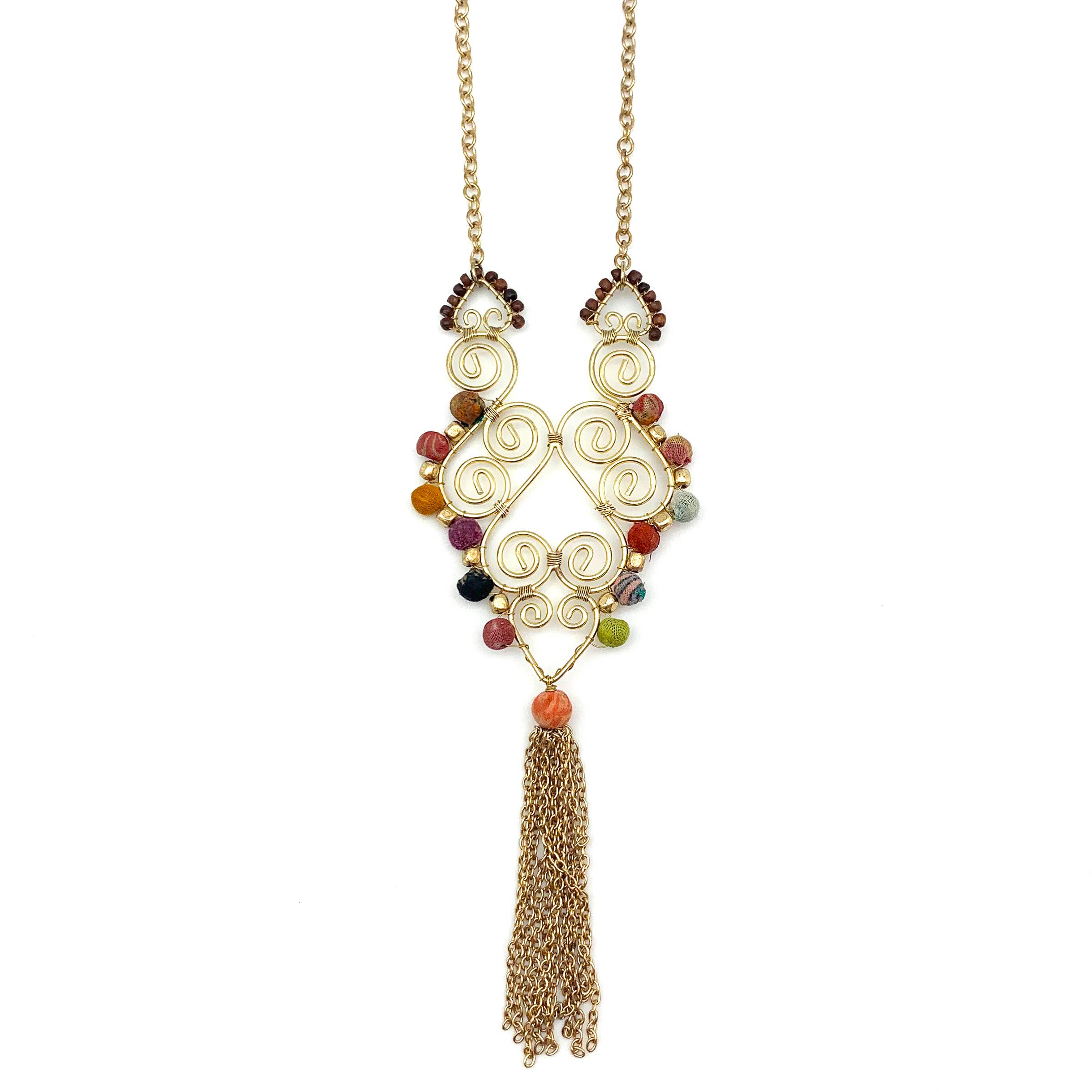 Aasha Pendant with Swirls and Tassels Kantha Necklace