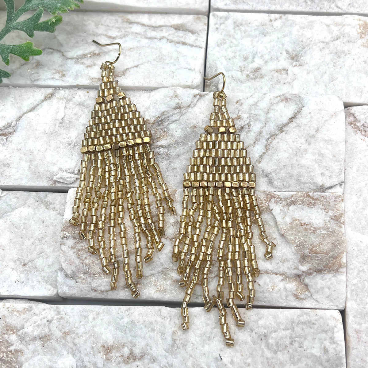 Seedbead Tapered Fringe Earrings - Gold