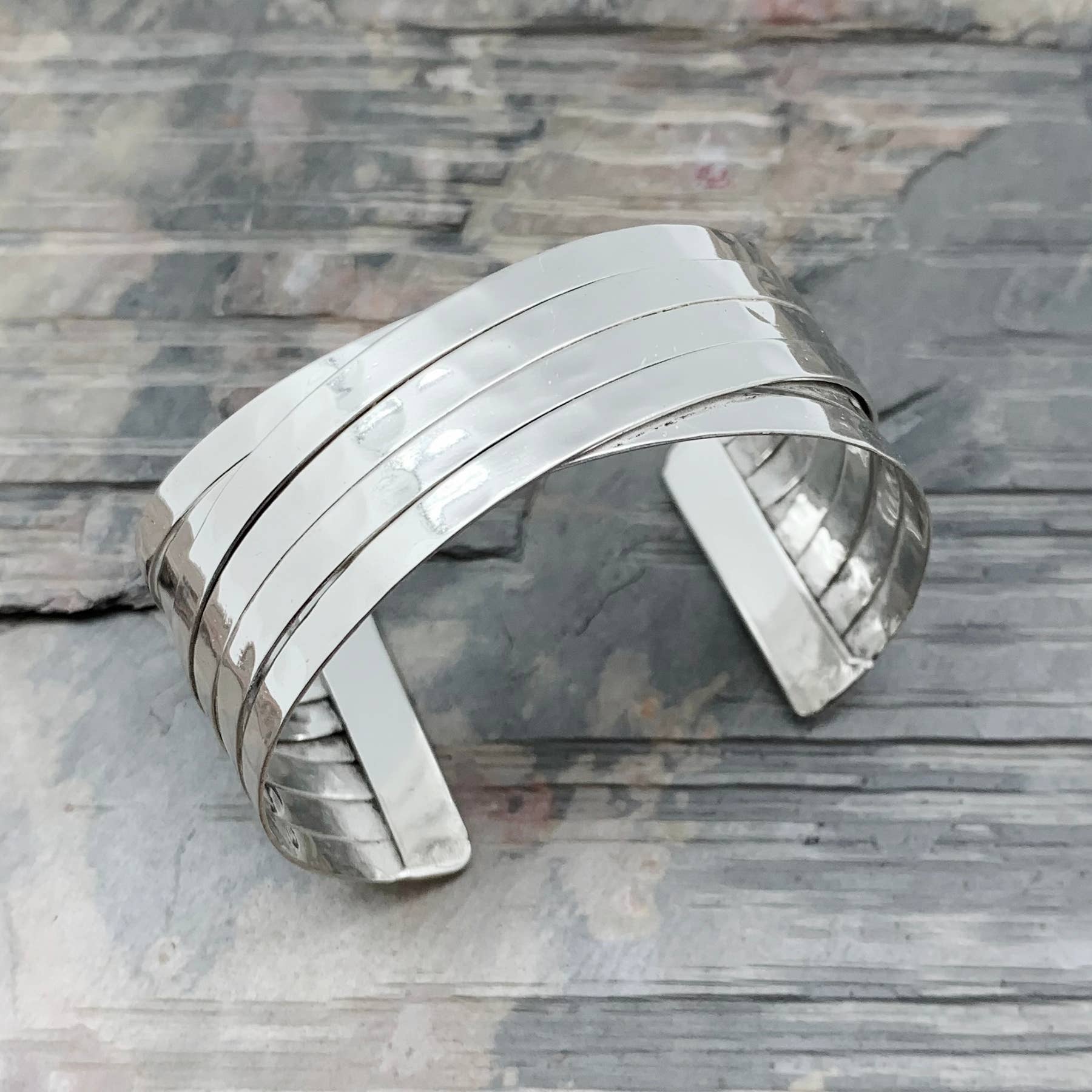 Silver Plated Adjustable Cuff Bracelet - Crossed Wide Bands