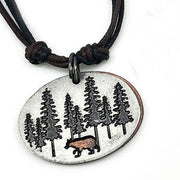 Pewter Necklace - Oval Bear in Forest