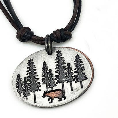 Pewter Necklace - Oval Bear in Forest