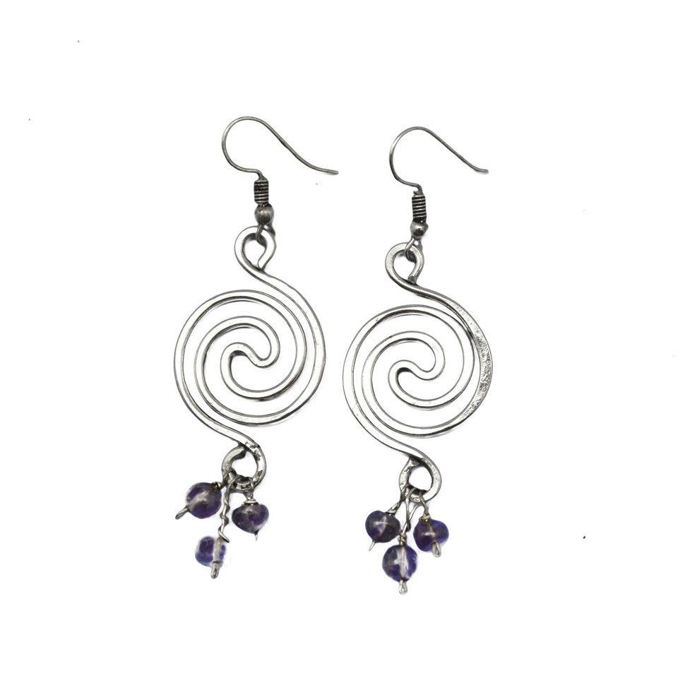 Banjara Silver Mirrored Spiral and Amethyst Earrings