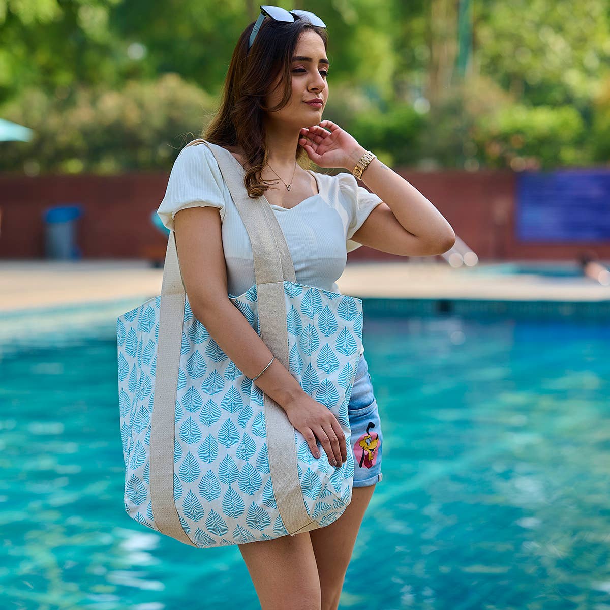 Handcrafted Canvas Bag with Block-Printed Sky Blue Leaves