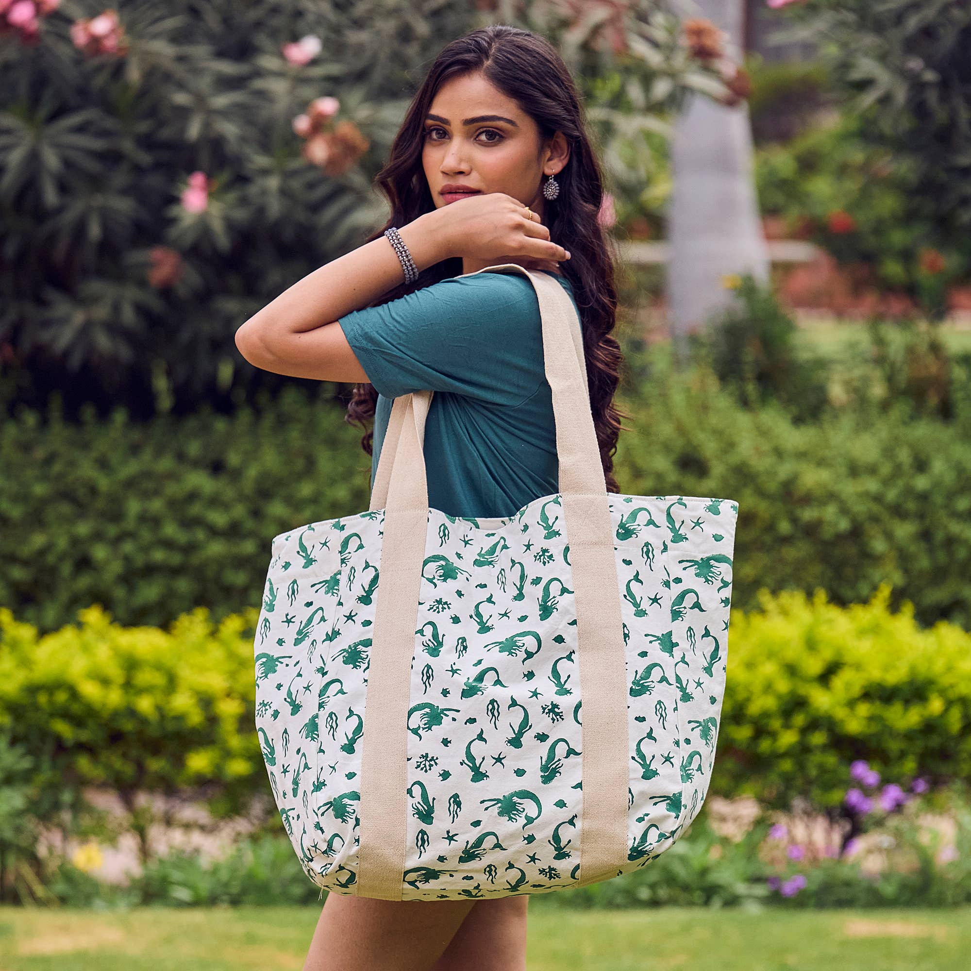 Block Printed Canvas Tote - Teal Mermaids