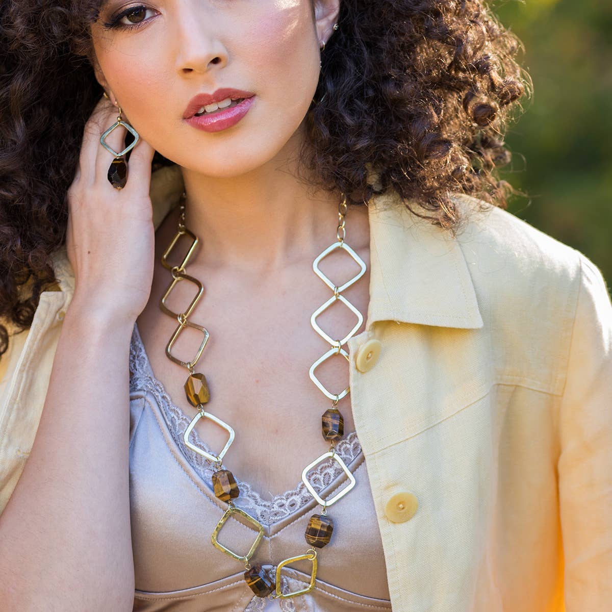 Gold-Plated Long Necklace With Tigerseye Stones
