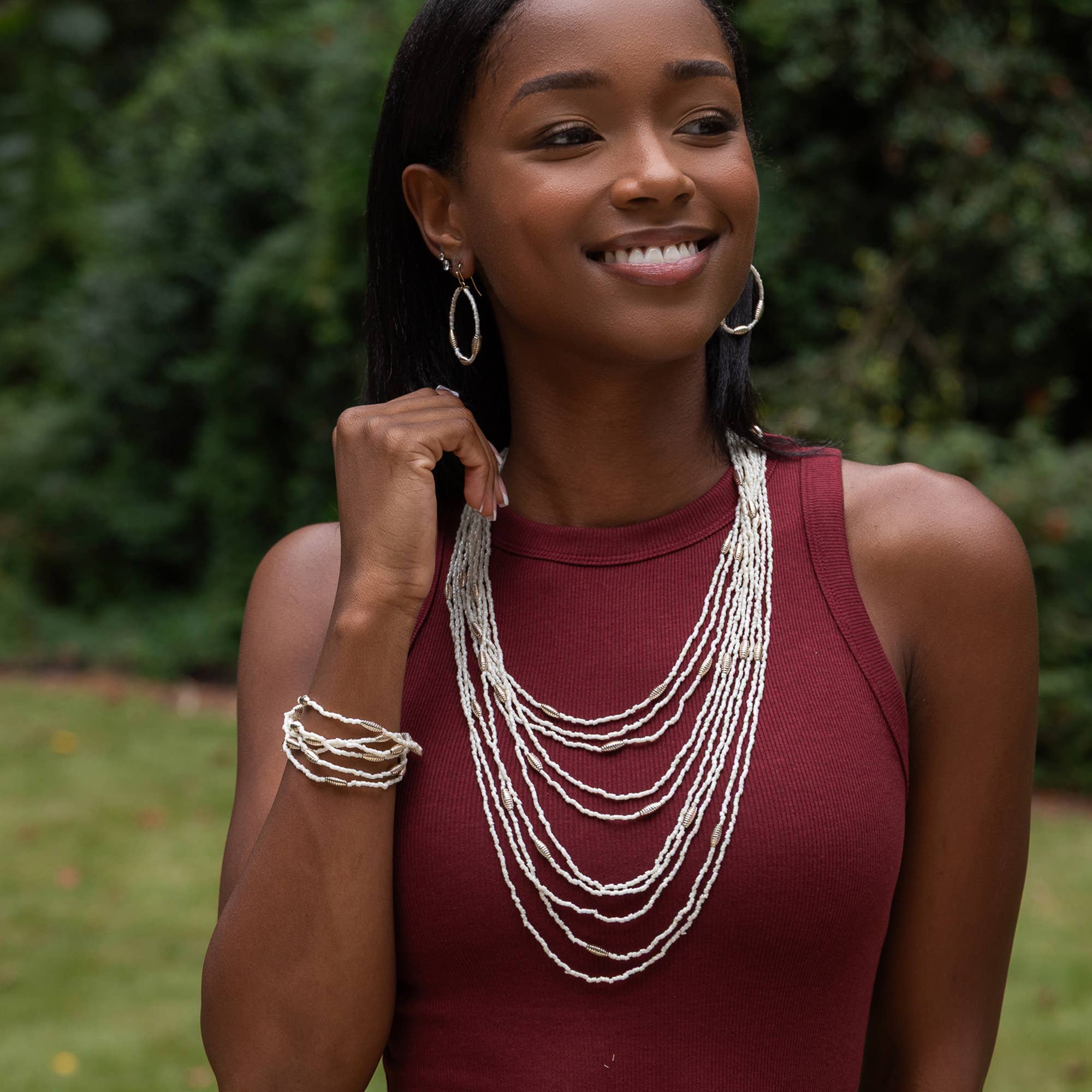 Seed Bead Multi-Strand Necklace - White