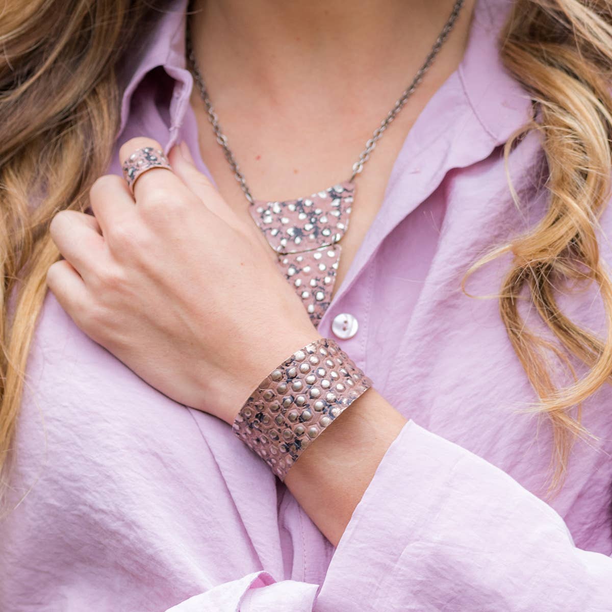 Silver Patina Bracelet - Dusty Rose Rivets