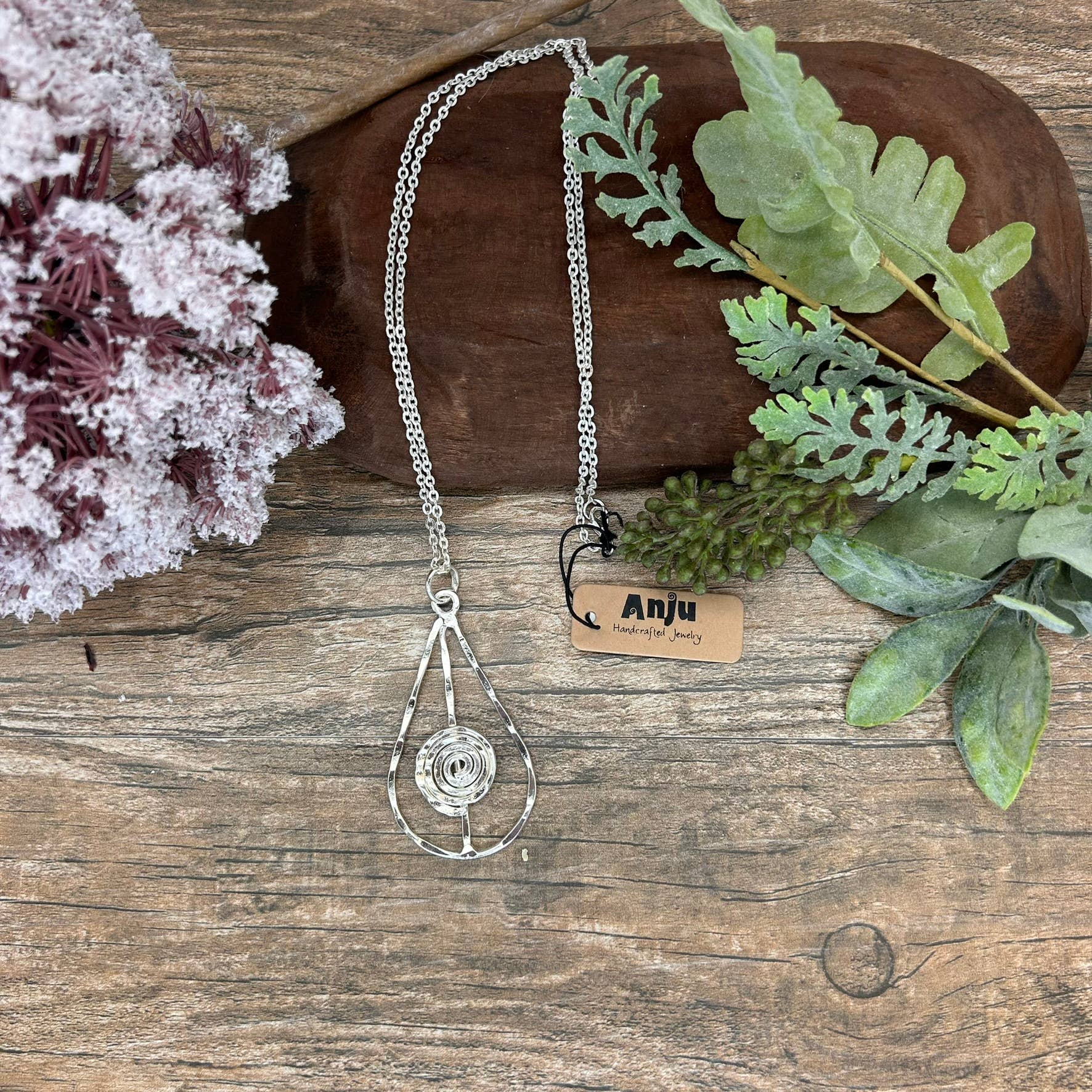 Silver Plated Pendant Necklace - Teardrop and Spiral