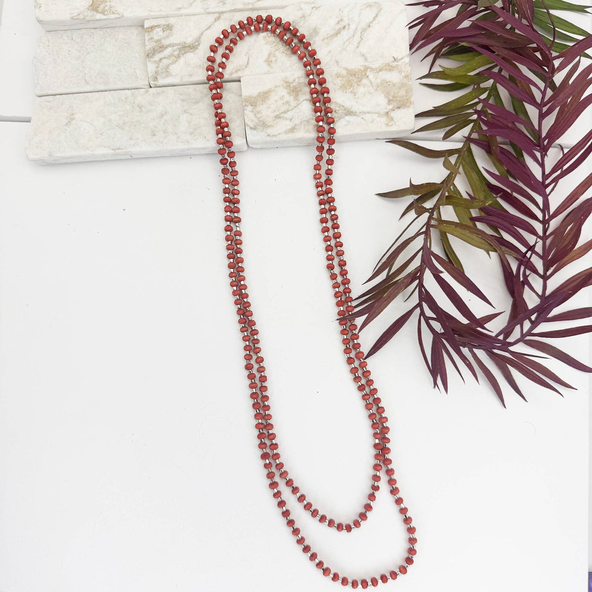 Sachi Long Wood Bead Necklace - Red
